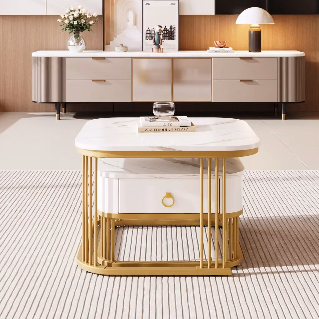 Set di 2 tavolini bassi impilabili OKWISH con cassetto e piano lucido effetto marmo in MDF bianco e metallo dorato – 2