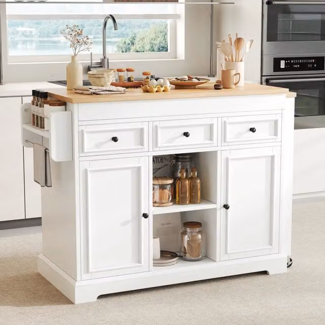 Isola da cucina mobile con piano laterale estraibile in MDF e PB, Bianco e Naturale, L: 188 cm, P: 92 cm, H: 45 cm