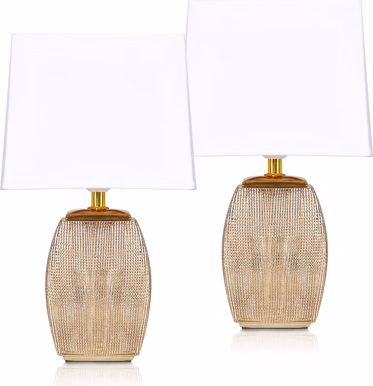 set di 2 lampade da tavolo o da comodino BRUBAKER 38 cm lampade dorate basi in Vetroceramica oro e paralumi in cotone bianco