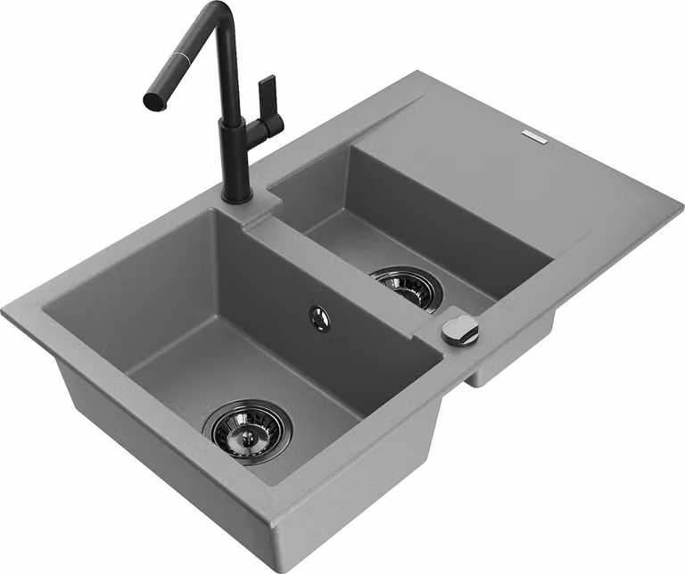 Mexen Gaspar lavello da cucina in granito 1,5 vasche con sgocciolatoio e miscelatore Flora, grigio - 6507-71-670401-70-B