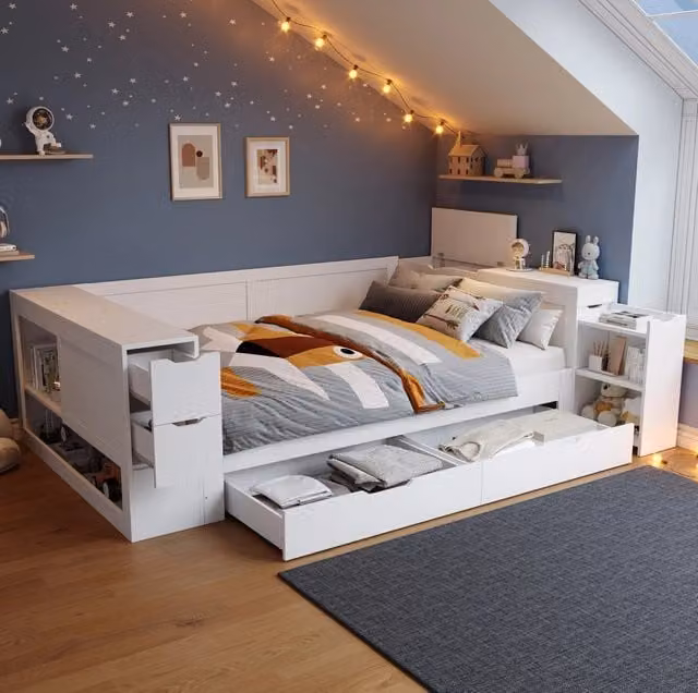 Letto multifunzione per materasso 140x200 cm in MDF; con cassetto; armadietti e comodino; bianco