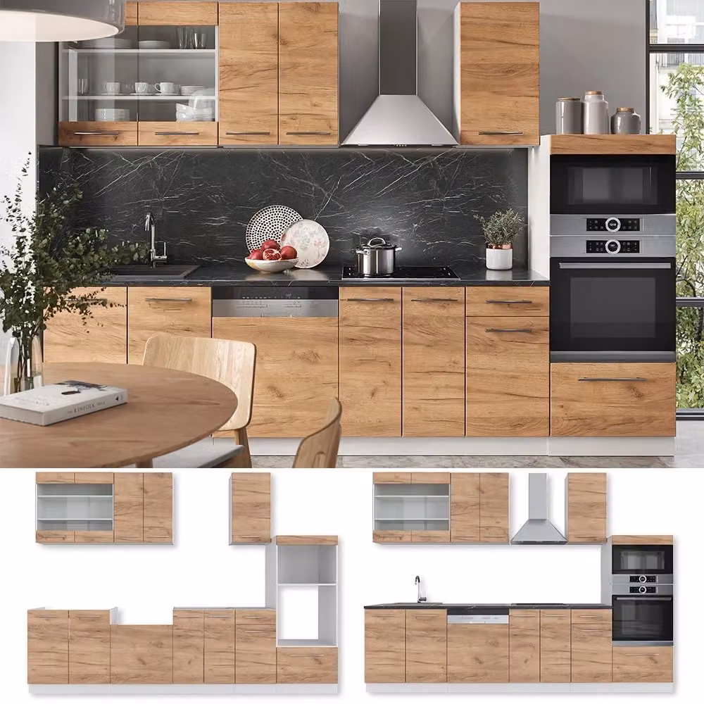 Cucina componibile moderna Fame-Line Vicco Rovere dorato e Bianco, larghezza: 300 cm, con armadio alto e ante con chiusura soft-close – 2