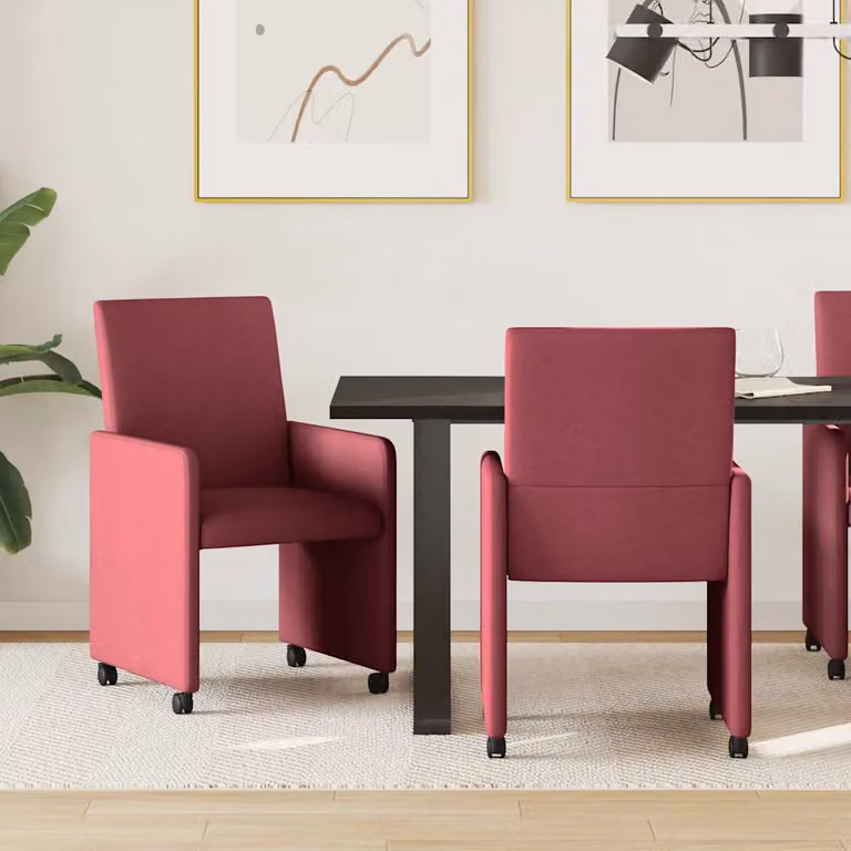 Set di 2 sedie da pranzo con ruote e braccioli vidaXL in tessuto rosso vino, L: 57 cm, P: 66 cm, H: 94 cm