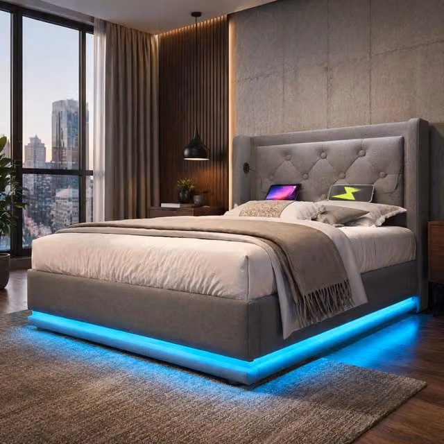 Letto singolo imbottito con contenitore 90x200 cm; cotone grigio; LED e USB Type-C