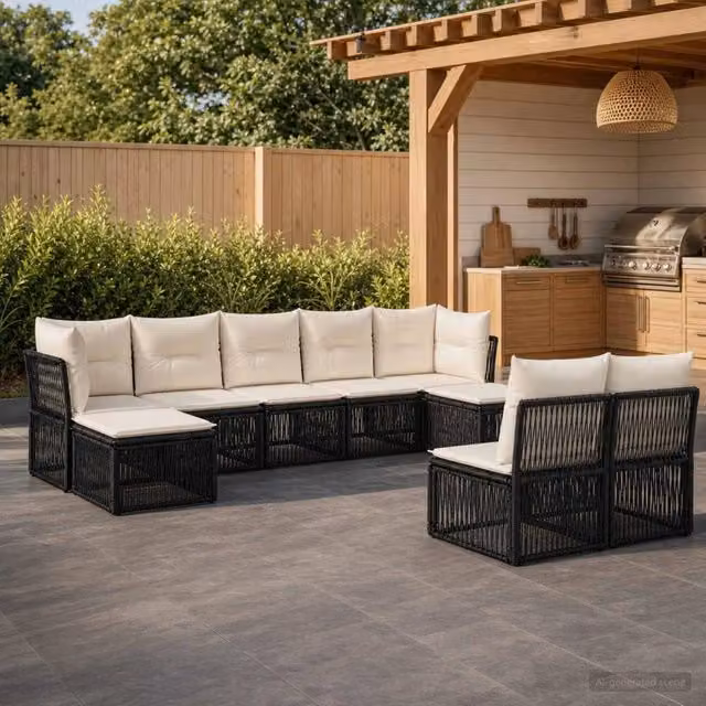 Set Divano da Giardino a Forma di U con Poltrone e Ottoman vidaXL Nero 9 Pezzi