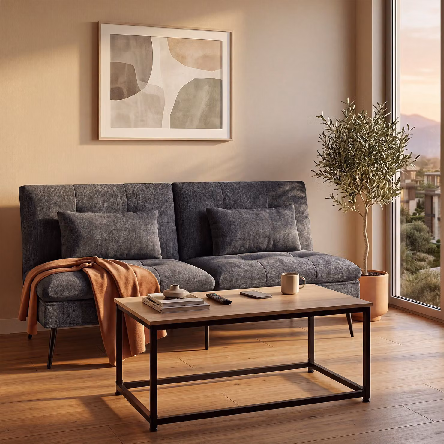 Divano letto Tokio Tectake grigio con schienale reclinabile click-clack e seduta in tessuto – 2