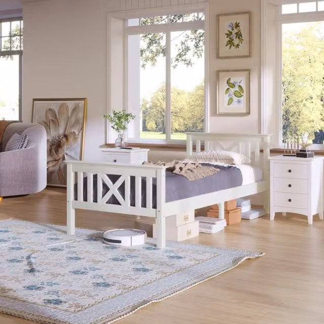 Letto Singolo in Pino Massello con Testiera e Doghe ¨C MINIMAL ¨C Bianco 90x200