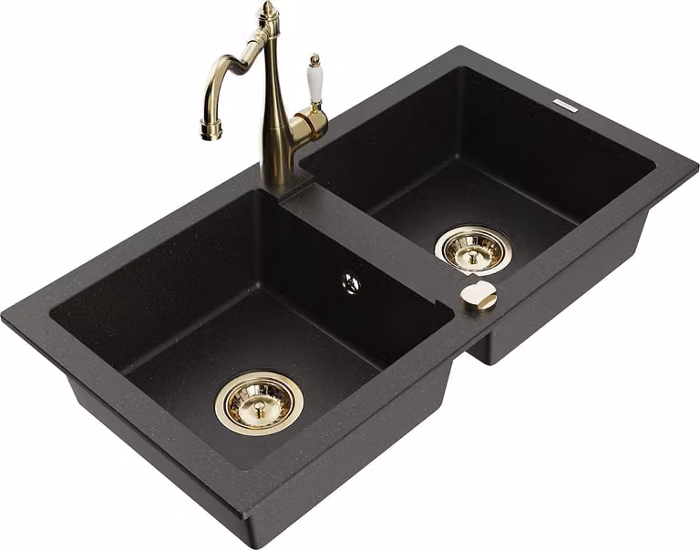 Mexen Mario lavello in granito a 2 vasche con miscelatore da cucina Carla, nero/oro metallizzato - 6504-75-670700-50