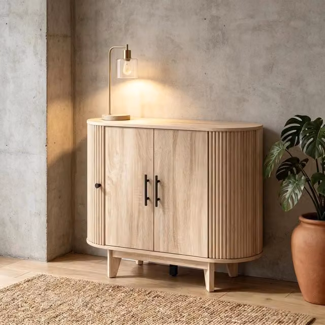 Credenza buffet moderna WISHDOR in MDF e metallo, colori marrone, nero e beige, L 90 x P 40 x H 76 cm