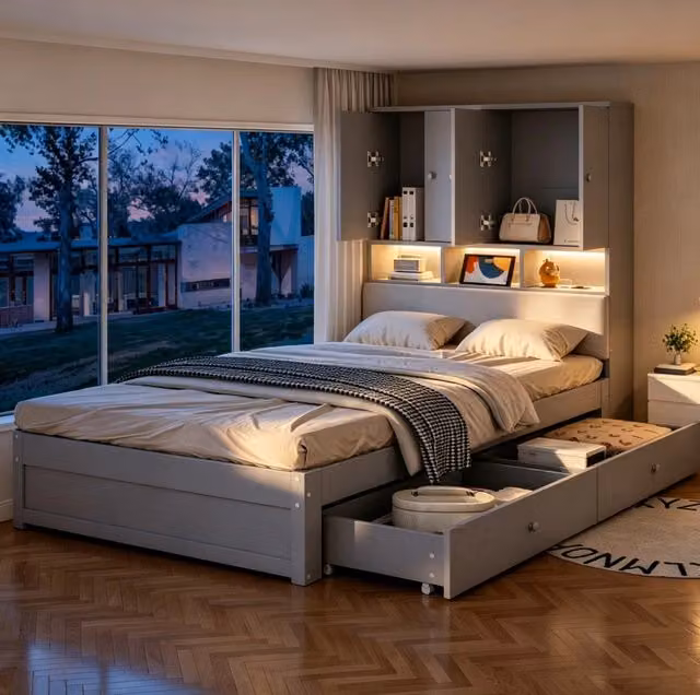 Letto singolo ULEVR 90x200 cm con 2 cassetti, LED e prese integrate, testiera imbottita grigia