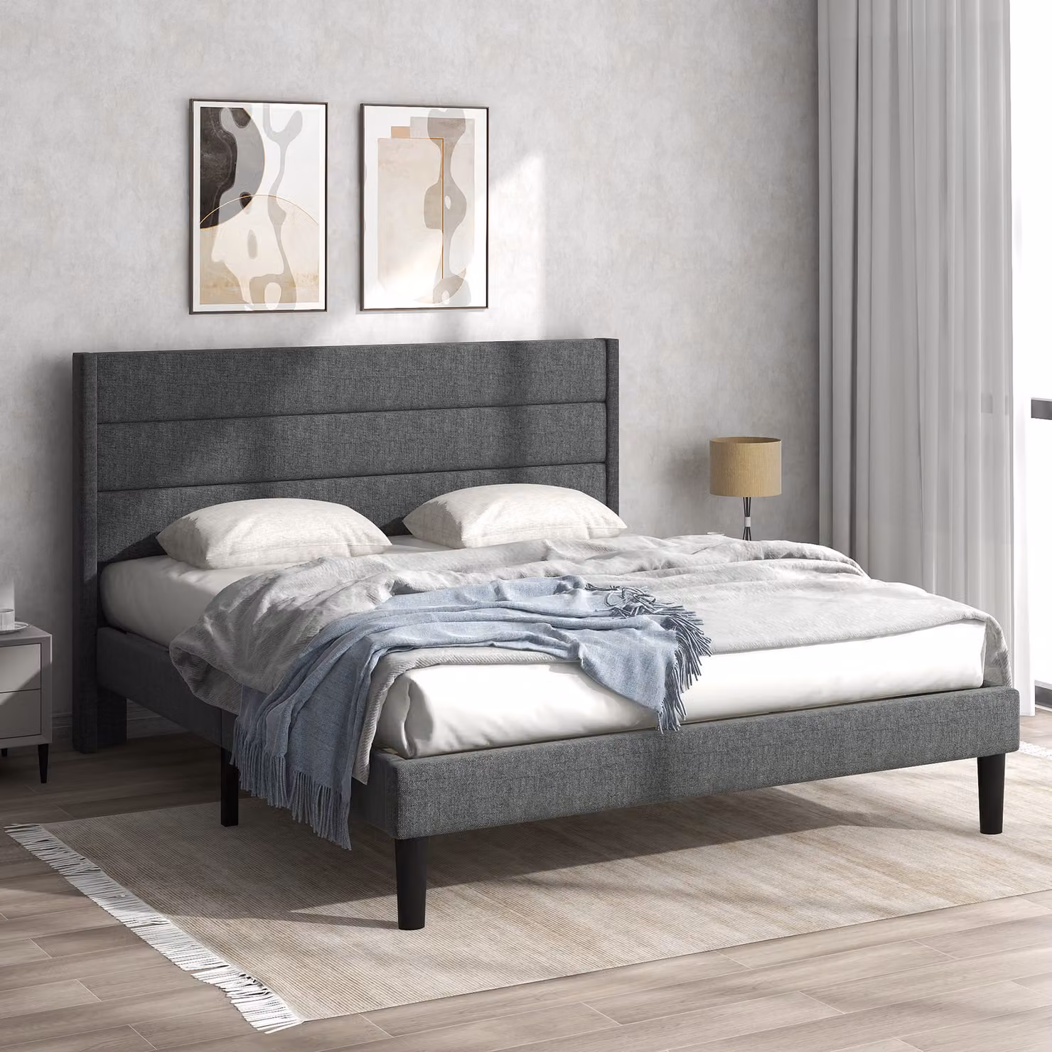 Letto imbottito Merax 140 x 200 cm Struttura letto matrimoniale con rete a doghe e testiera, letto imbottito in lino per adulti e ragazzi, grigio scuro