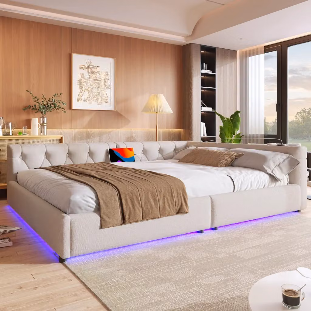 Letto daybed moderno in tessuto beige con illuminazione LED e porta USB, L/P/H: 200 x 140 x 153 cm – 2