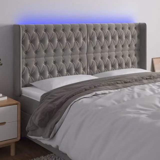 Testiera con LED Design Mania in Velluto Grigio Chiaro con Porte USB, L: 203 cm, P: 16 cm, H: 118/128 cm