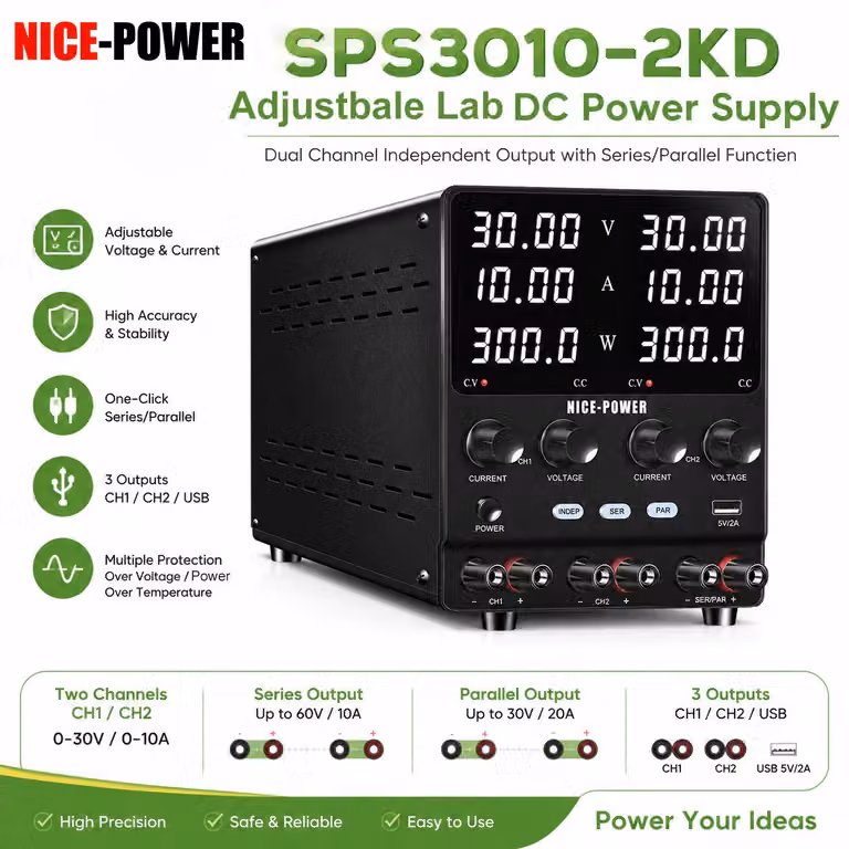Alimentatore DC a 60V 5A, doppio canale - Alimentatore da laboratorio regolabile - Compatto, ideale per test di elettronica