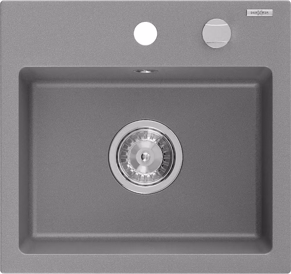 Mexen Milo lavello in granito a 1 vasca 435 x 410 mm, grigio, sifone cromato - 6505441000-71