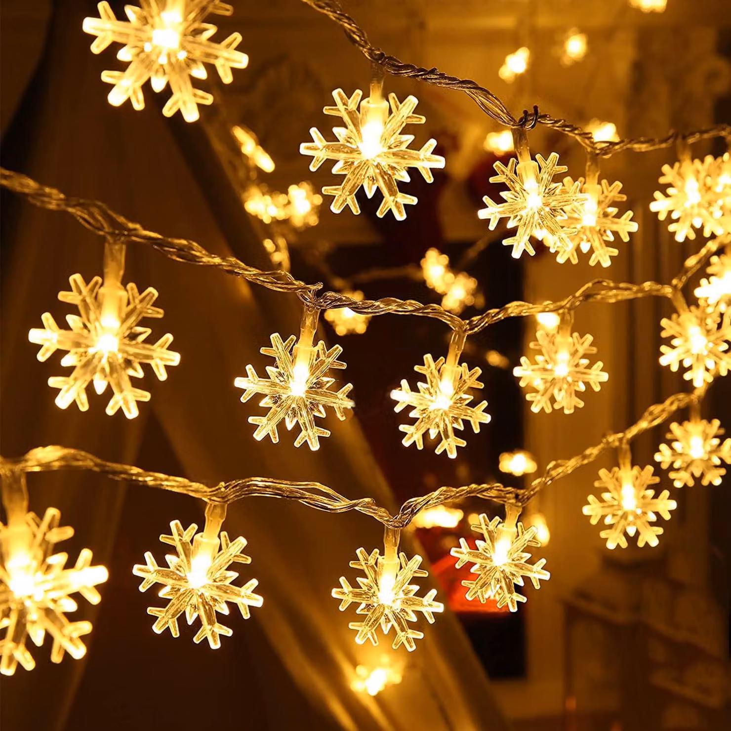 Catena luminosa a forma di fiocchi di neve, 6 metri, 40 LED, alimentata a batteria