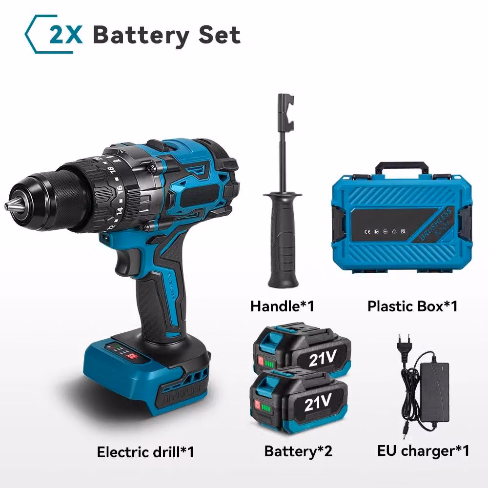 Trapano avvitatore a batteria - Trapano a percussione da 13 mm - Coppia di 900 Nm - 20+3 velocità - Motore brushless - 2 batterie - Spina di tipo europeo