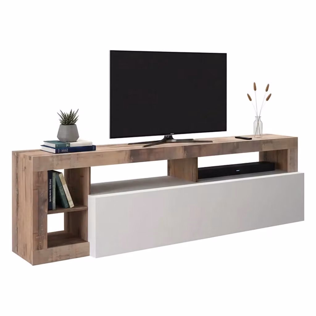 Mobile da soggiorno DMORA Porta Arkangel, credenza moderna con anta e vani aperti, Bianco lucido e Pero, L: 184 cm, P: 42 cm, H: 58 cm – 2