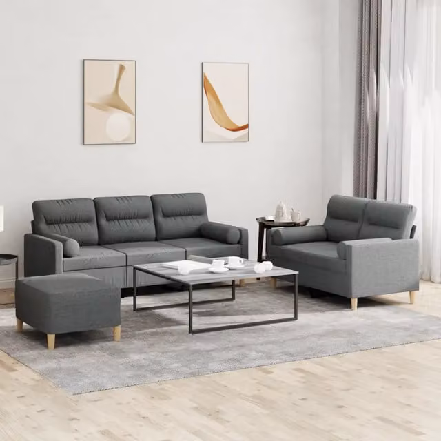 vidaXL Set di Divani Moderno 3 Pezzi con Ottoman e Cuscini in Tessuto Grigio