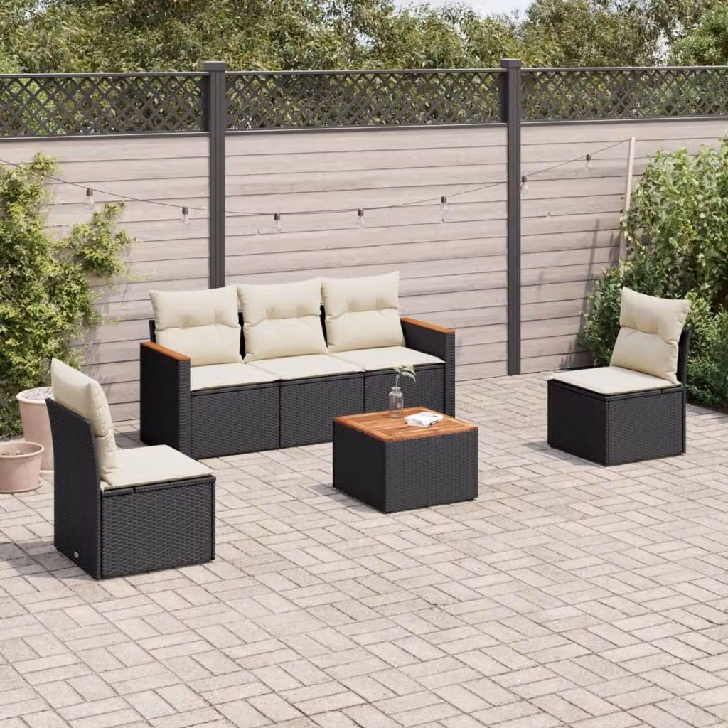 Set Divano da Giardino vidaXL 6 pz con Cuscini, Divano a 3 posti, Poltrona Lounge e Tavolino, Nero e Bianco, Struttura in Acciaio Verniciato a Polvere e Rivestimento in Rattan Resistente ai Raggi UV – 1