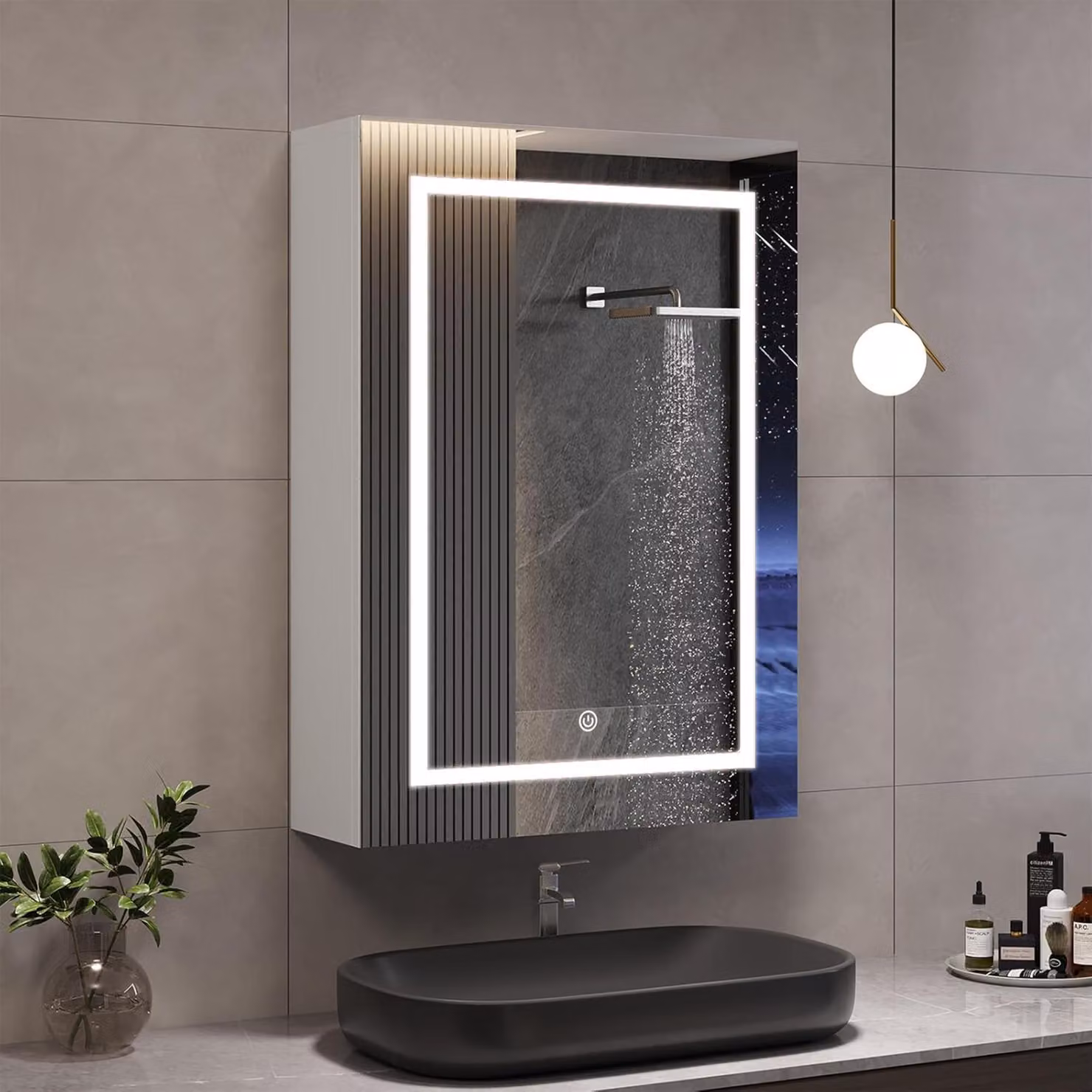 Moonbite, mobile da bagno 50x70 con specchio a LED – 3 luci, dimmerabile, pannello MDF classe E1, ripiani con capacità fino a 10 kg