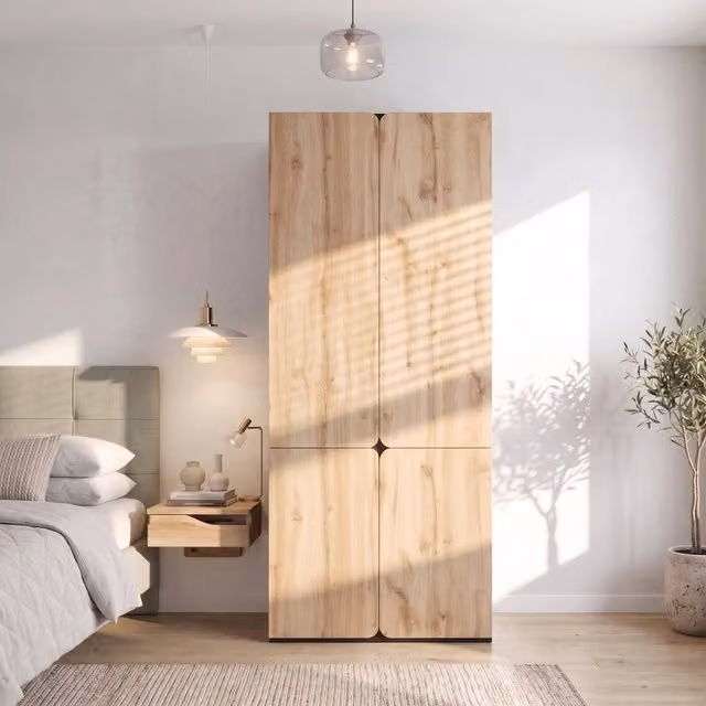 Armadio 90 x 50 x 200 cm; 4 ante a battente; 1 asta appendiabiti; 3 cassetti; design moderno; effetto rovere
