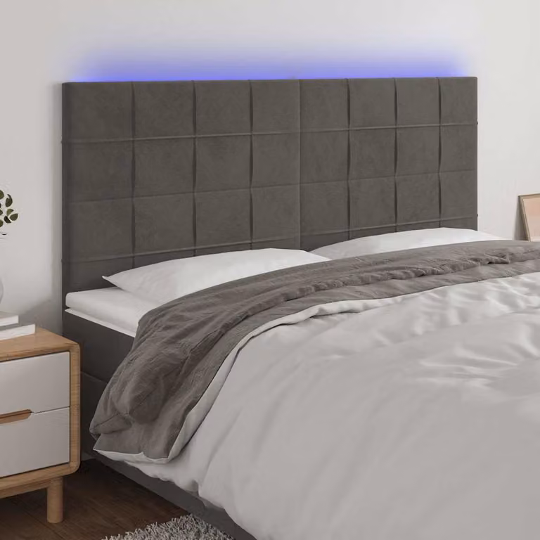 Testiera con LED e porta USB vidaXL in velluto grigio, L: 200 cm, P: 5 cm, H: 118-128 cm