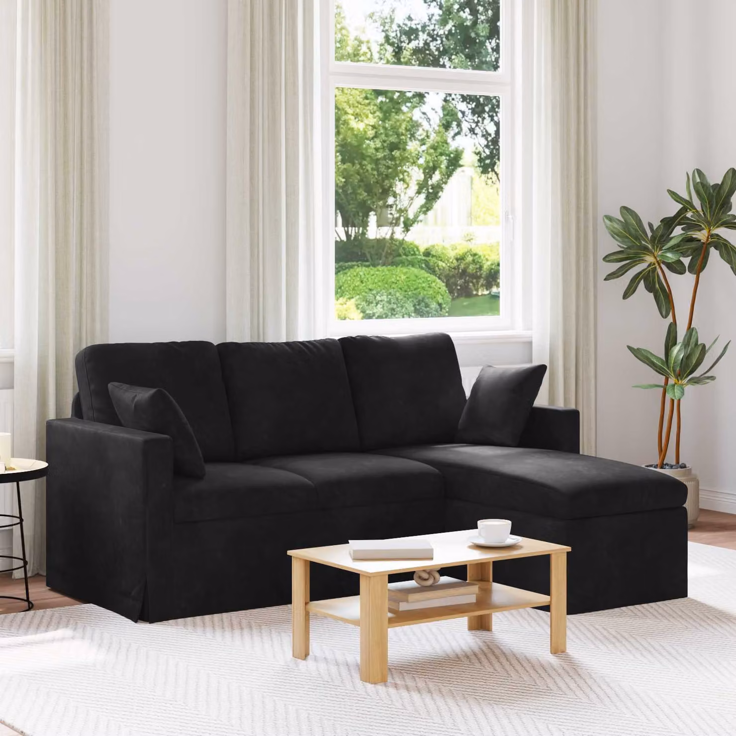vidaXL Divano ad angolo in velluto nero con cuscini, L/P/H: 178 x 134 x 80 cm – 1
