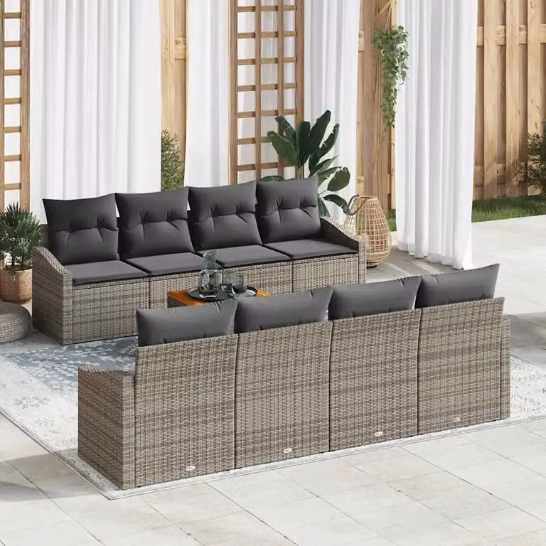Set Divano da Giardino vidaXL 9 Pezzi Grigio con Poltrone, Divani e Tavolino in Polyrattan e Acciaio
