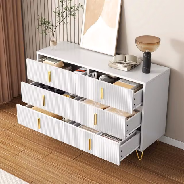 Credenza e madia con 6 cassetti e finitura ondulata, per soggiorno e sala da pranzo, bianco e oro, 120 × 40 × 77 cm