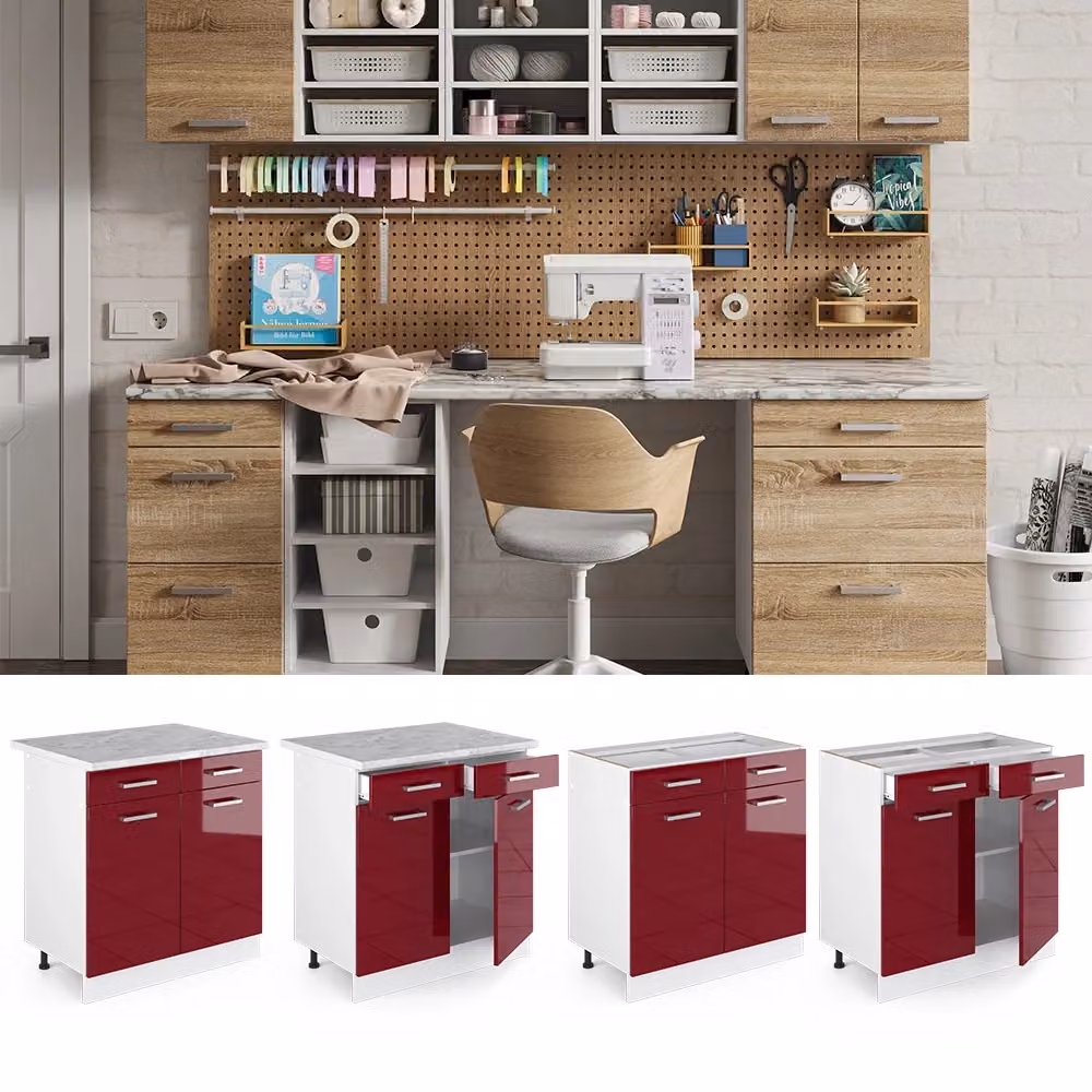 Base cucina universale Vicco R-Line rossa lucida con ante e cassetti, larghezza: 80 cm – 2