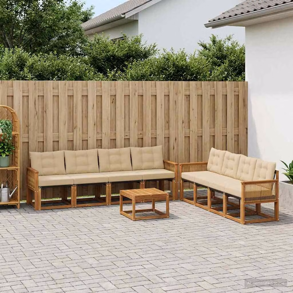 Set di divani da esterno vidaXL 9 pz in legno di acacia e textilene, colore beige e marrone, con forma a U e cuscini inclusi