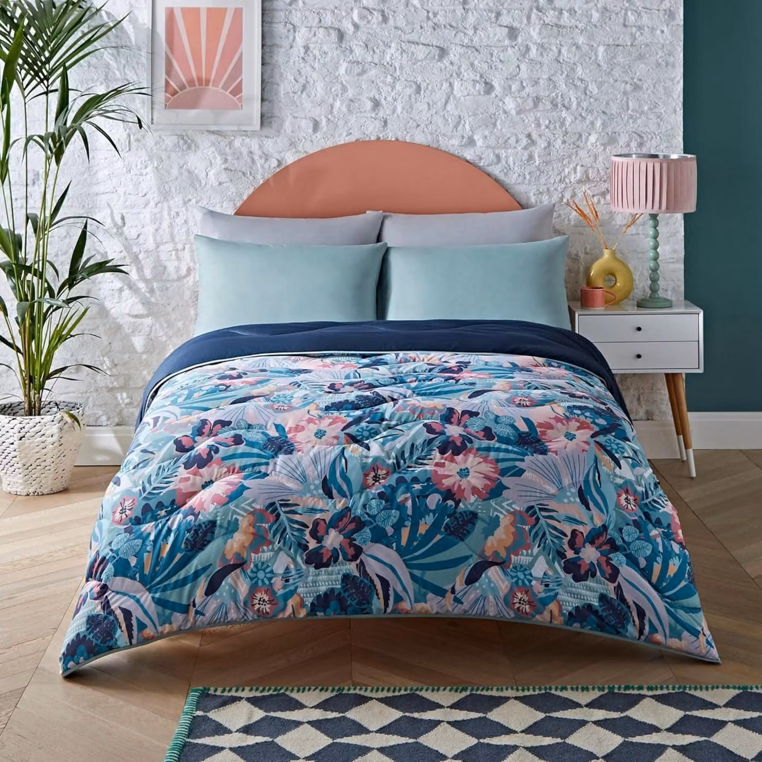 Coperta trapuntata matrimoniale extra-large, 6 tog, motivo "Palme pastello", 220x260 cm