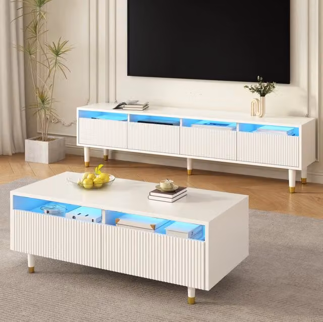 Set mobili moderno LED con mobile TV 4 ante e tavolino con 2 cassetti in MDF bianco con dettagli oro e illuminazione LED
