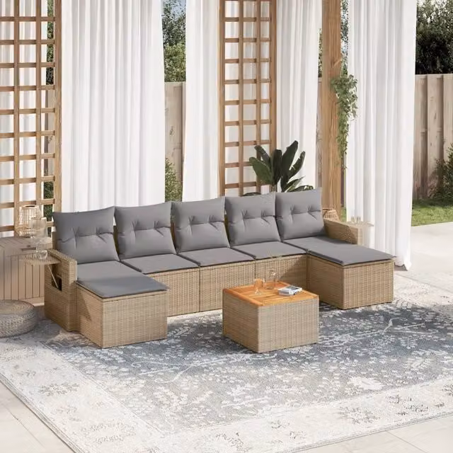 vidaXL Set Divano da Giardino 8 pz a Forma di L in Polyrattan con Cuscini Beige e Grigio – 1