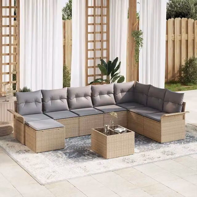 vidaXL Set Divano da Giardino Moderno a L in Rattan con 9 Pezzi e Cuscini Beige