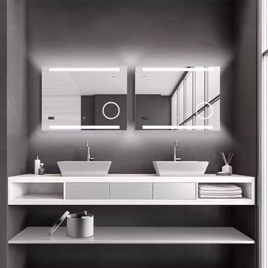 Specchio LED con Illuminazione - 2 Pezzi - Specchio Bagno con Luce Bianca Neutrale - Orologio Digitale - Specchio Trucco - 3 Rapporto di Ingrandimento - Interruttore a Tocco