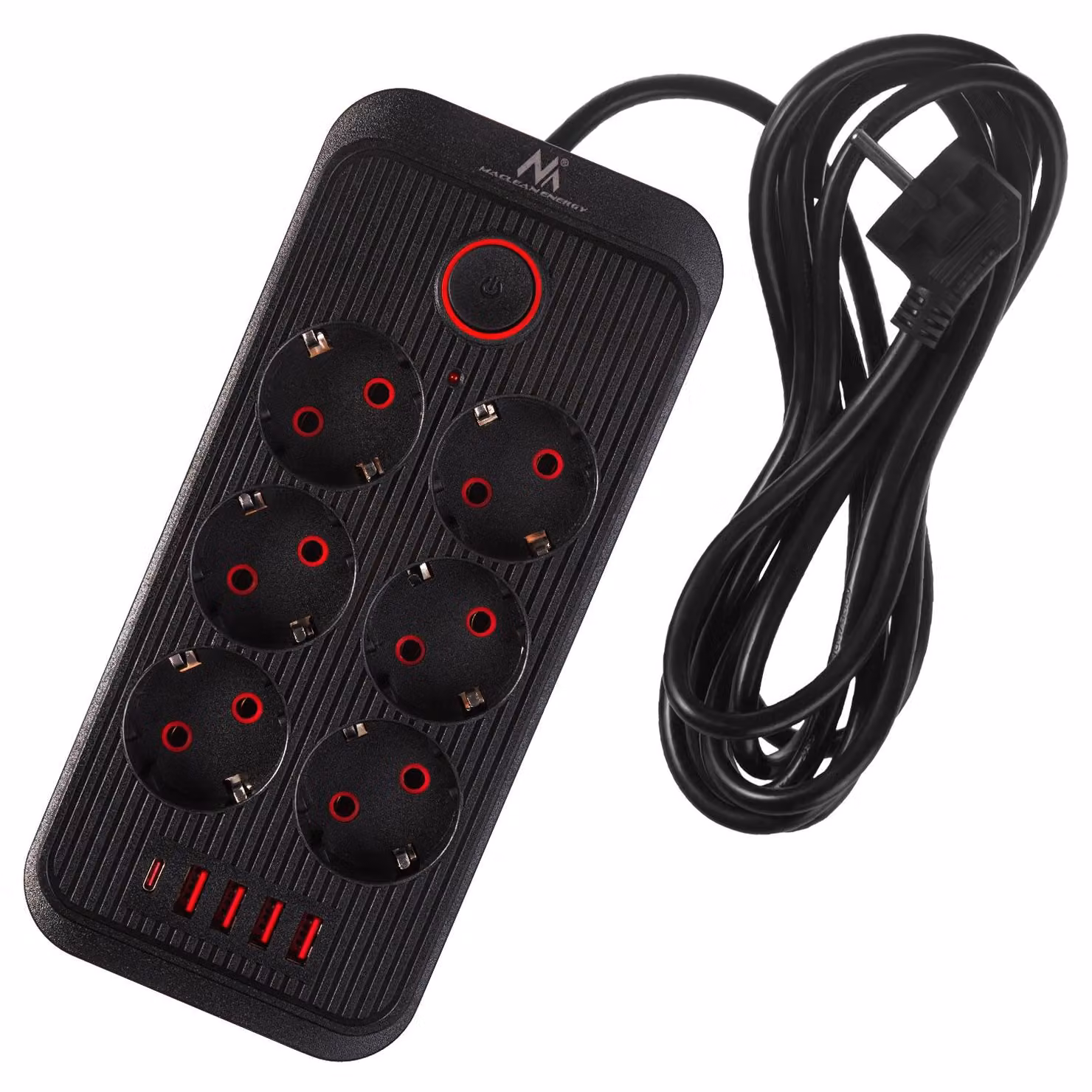 Presa Maclean Cavo di prolunga a 6 vie + 4xUSB 110-240V AC 50/60Hz 2,1A max 2500W 3m nero MCE391 B