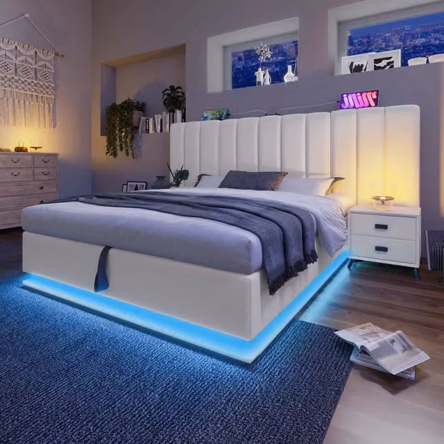 Letto contenitore Mivray con base idraulica, illuminazione LED e porte USB/USB-C, rivestito in ecopelle bianca, L/P: 160 x 200 cm