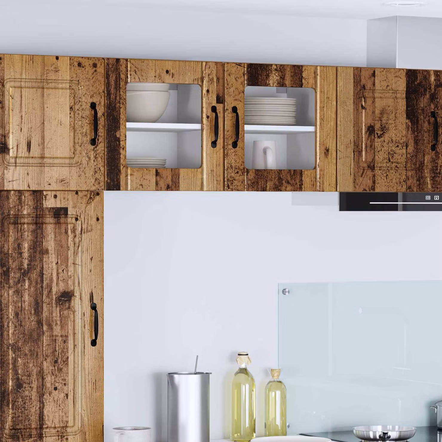 Set di 2 mobili da parete LUCCA vidaXL con ante in vetro e finitura legno antico marrone per cucina