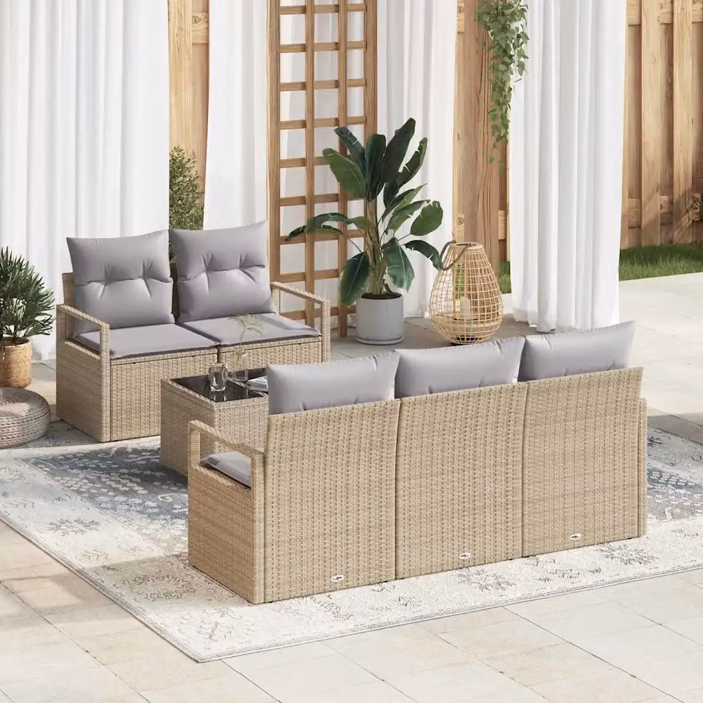 Set di divani da giardino vidaXL a 6 posti con tavolino, design moderno a L in rattan beige e grigio con struttura in acciaio e cuscini inclusi