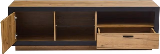 Mobile TV LED moderno con illuminazione RGB, ripiani in vetro e spazio di archiviazione, per TV fino a 70 pollici, colore nero e rovere