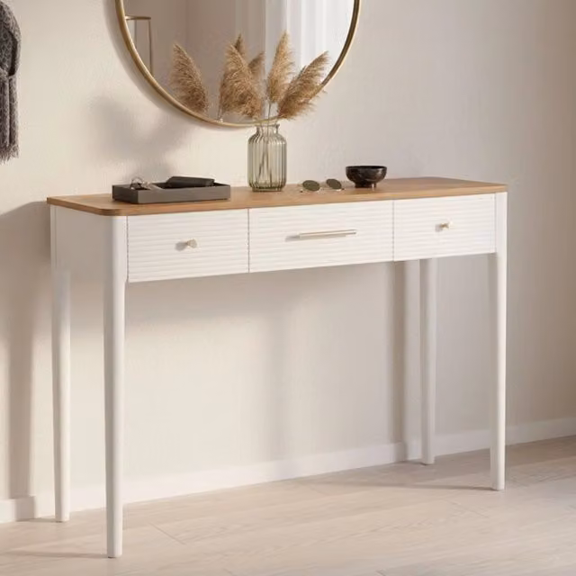 Consolle Crypto DMORA, tavolo multiuso e scrivania da corridoio moderna, Bianco, Marrone e Oro, L 107 cm x P 37 cm x H 80 cm – 1