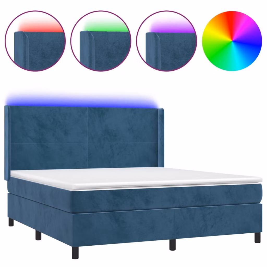 Letto a molle con materasso e LED in velluto blu scuro 160x200 cm