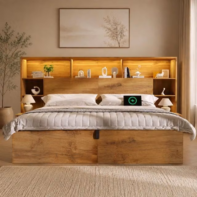 Letto matrimoniale 160x200 cm effetto rovere con contenitore, LED, USB e comodini