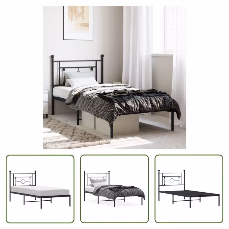 The Living Store Struttura letto con testiera in metallo nero 90x190 cm