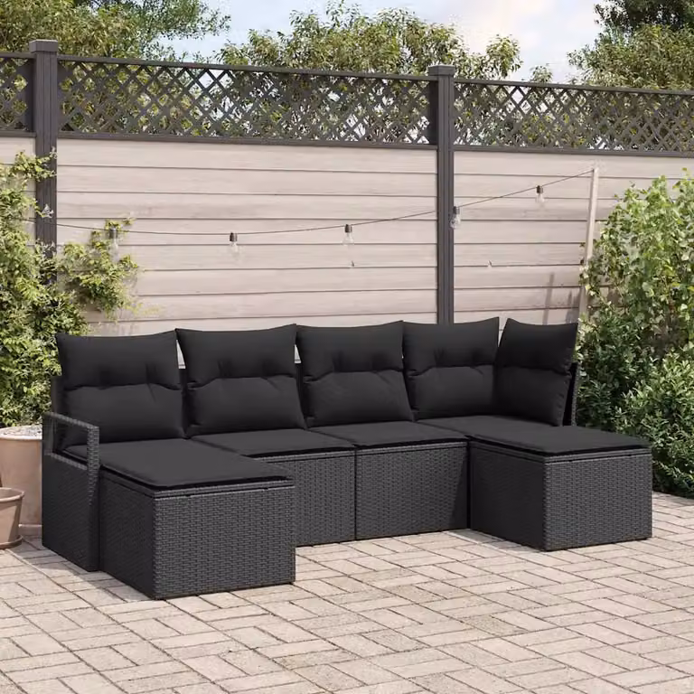 Set di divani da giardino vidaXL a forma di L composto da 6 pezzi in polyrattan nero con cuscini inclusi