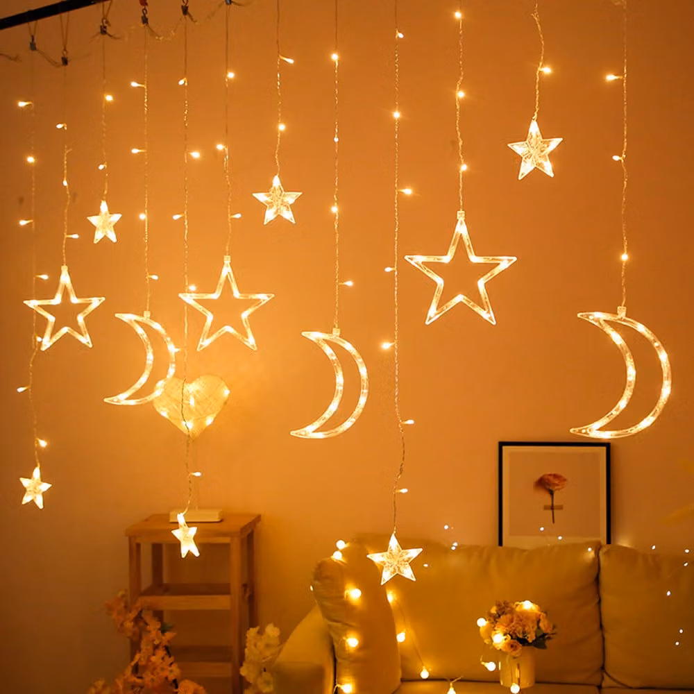 LED stelle lune luce tenda fata luci 8 modalità di illuminazione festa interna finestra giardino matrimonio decorazione di Natale, bianco caldo