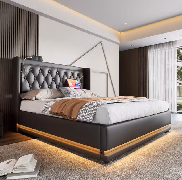 Letto matrimoniale imbottito 140x200 cm in PU nero con LED; USB-C e contenitore