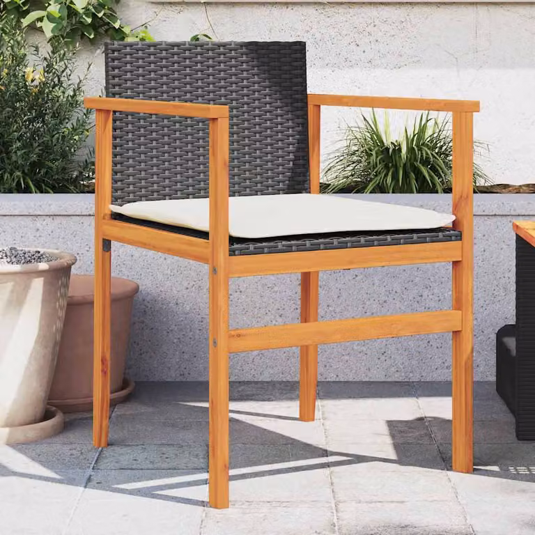 Set di 2 sedie da giardino vidaXL in polyrattan e legno di acacia con cuscini neri e bianchi e braccioli